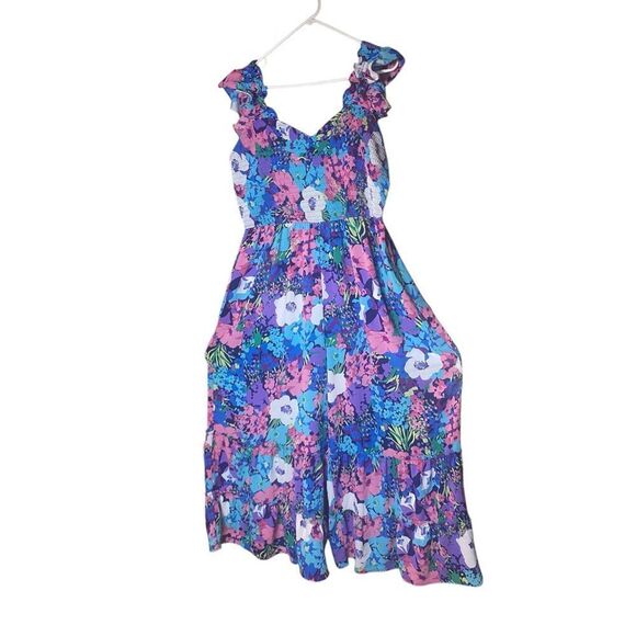 Hailey & Co Womens Navy Multi Colored Floral Ruffle Smocked Jumpsuit Size 2XL - Picture 2 of 6